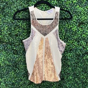 BEBE NYE Holiday white and metallic sequin top